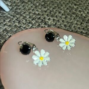 Elegant Silver Daisy Drop Black Swarvoski Earrings